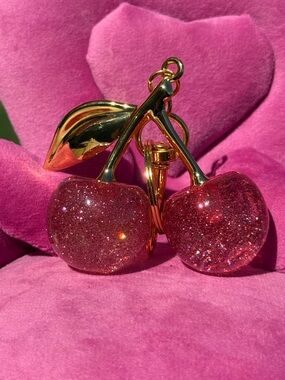 NWT Pink Cherry Drop Gold Tone Keychain with Pink Glitter Cherries